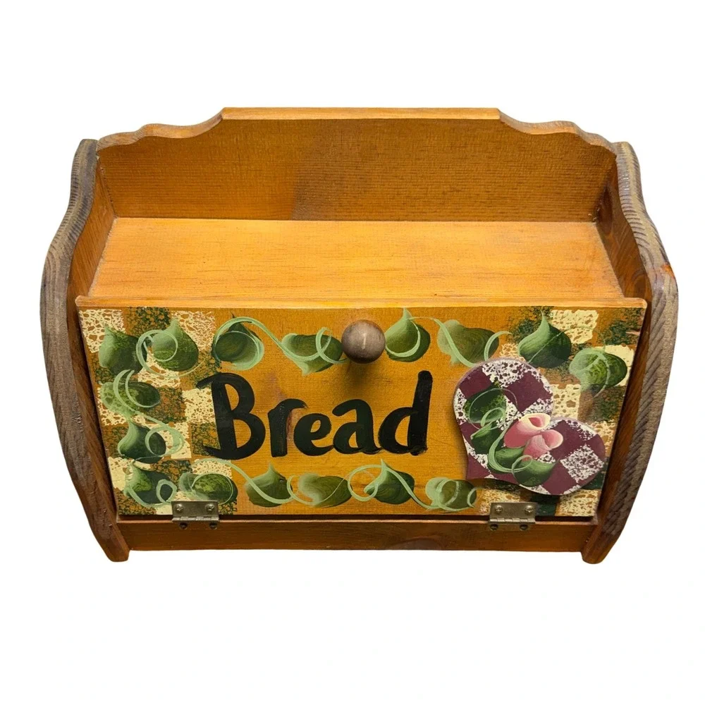 Vintage Wooden Bread‎ Box Hand Painted Farmhouse Kitchen Storage Bin Rustic Wood